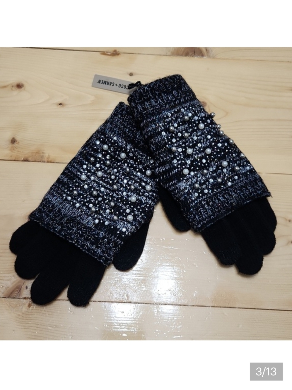 Coco And Carmen Pearltastic Convertible Gloves Wool Blend Embelished Black